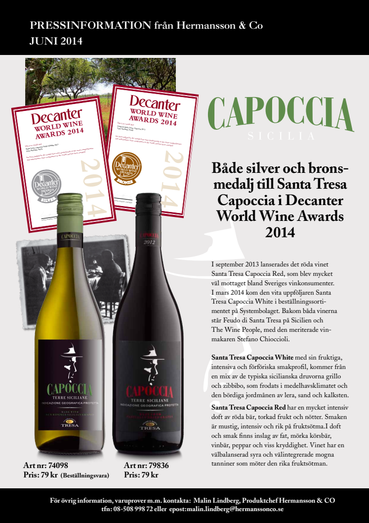 Både silver och bronsmedalj till Santa Tresa Capoccia i Decanter World Wine Awards 2014