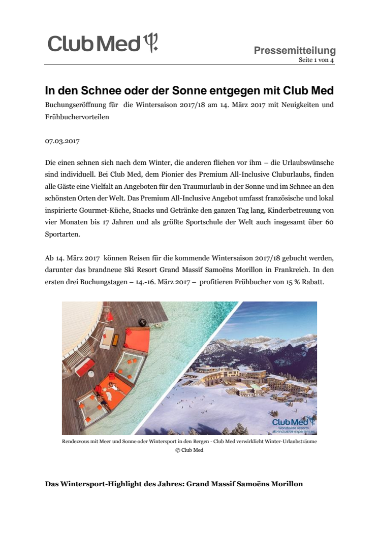In den Schnee oder der Sonne entgegen mit Club Med: Buchungseröffnung für  die Wintersaison 2017/18 am 14. März 2017