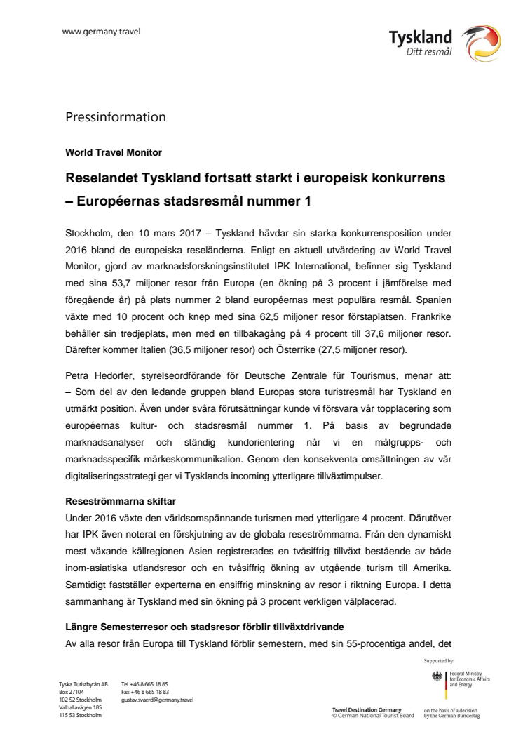 ​Reselandet Tyskland fortsatt starkt i europeisk konkurrens – européernas stadsresmål nummer 1