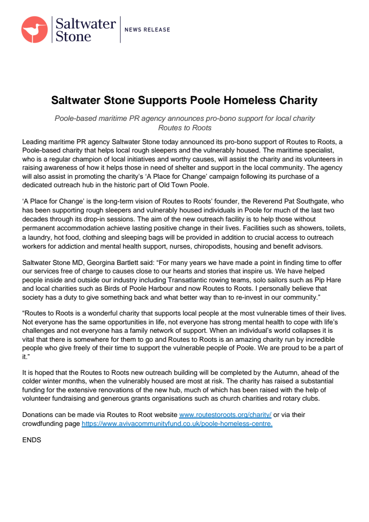 Saltwater Stone Supports Poole Homeless Charity
