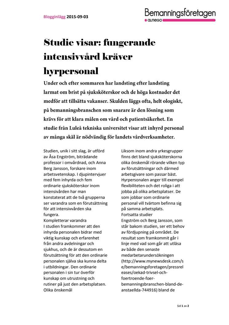 Studie visar: fungerande intensivvård kräver hyrpersonal