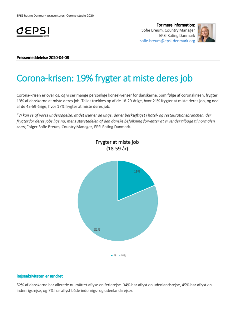 19% frygter deres job efter corona-krisen, 52% har aflyst rejser
