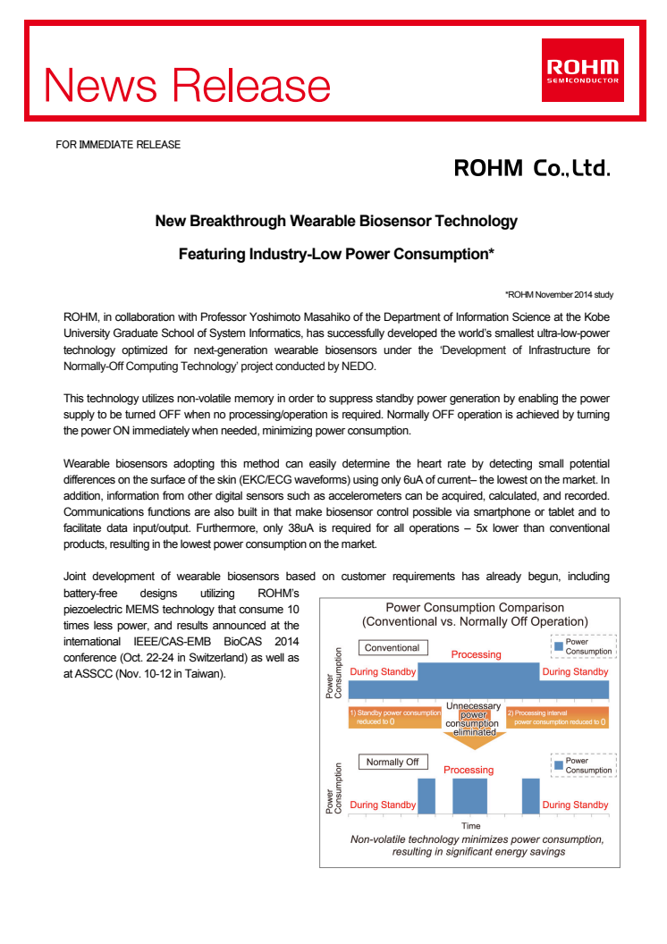 New Breakthrough Wearable Biosensor Technology Featuring Industry-Low Power Consumption*