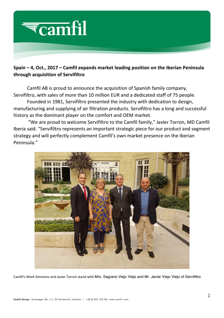 Camfil expands market leading position on the Iberian Peninsula through acquisition of Servifiltro