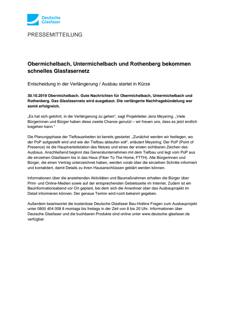 Obermichelbach, Untermichelbach und Rothenberg bekommen schnelles Glasfasernetz