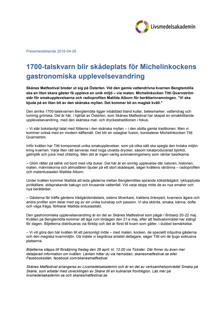 1700-talskvarn blir skådeplats för Michelinkockens gastronomiska upplevelsevandring 