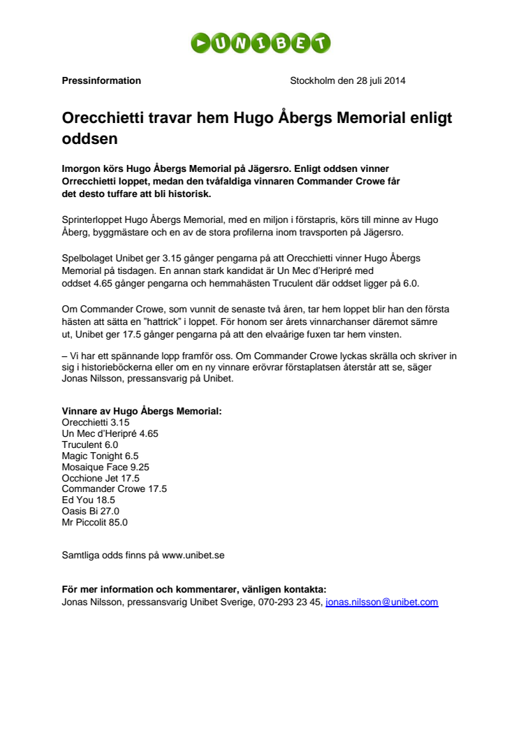 Orecchietti travar hem Hugo Åbergs Memorial enligt oddsen