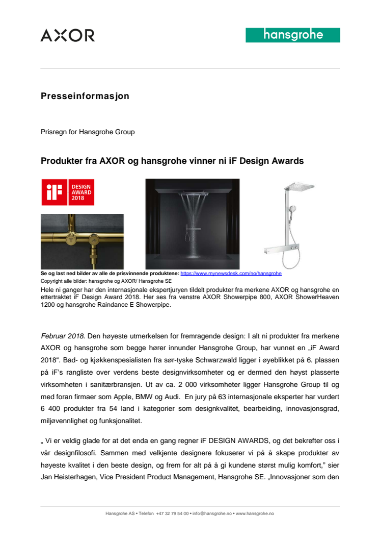 Produkter fra AXOR og hansgrohe vinner ni iF Design Awards