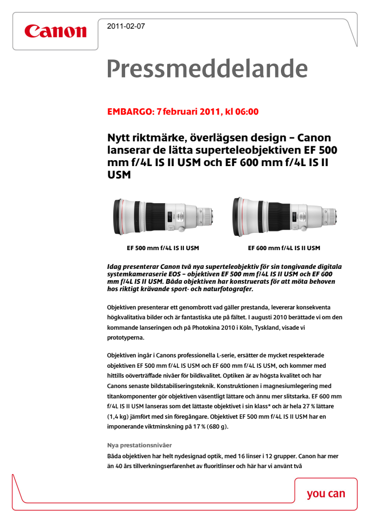 Nytt riktmärke, överlägsen design – Canon lanserar de lätta superteleobjektiven EF 500 mm f/4L IS II USM och EF 600 mm f/4L IS II USM