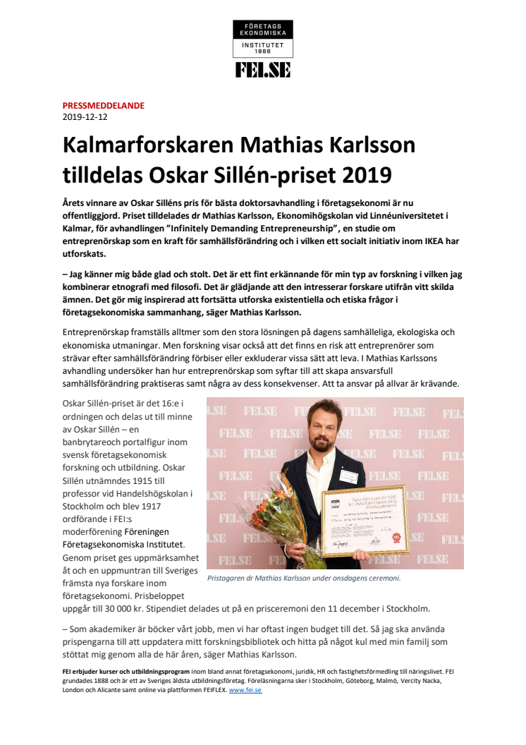 Kalmarforskaren Mathias Karlsson tilldelas Oskar Sillén-priset 2019