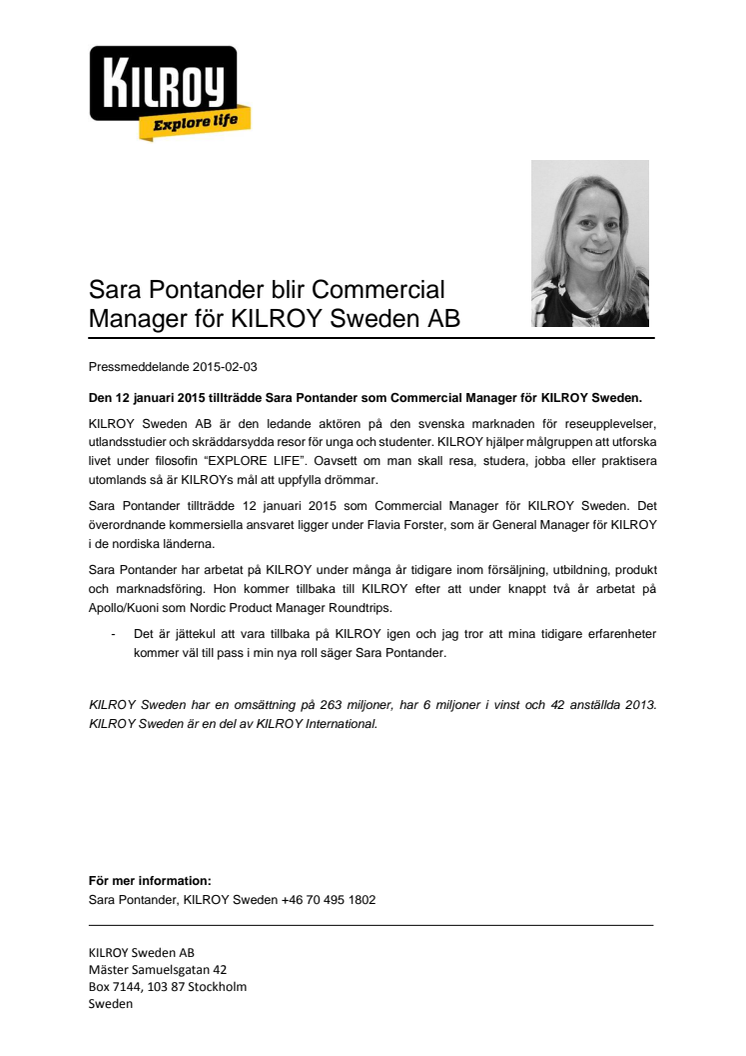 Sara Pontander blir Commercial Manager för KILROY Sweden AB
