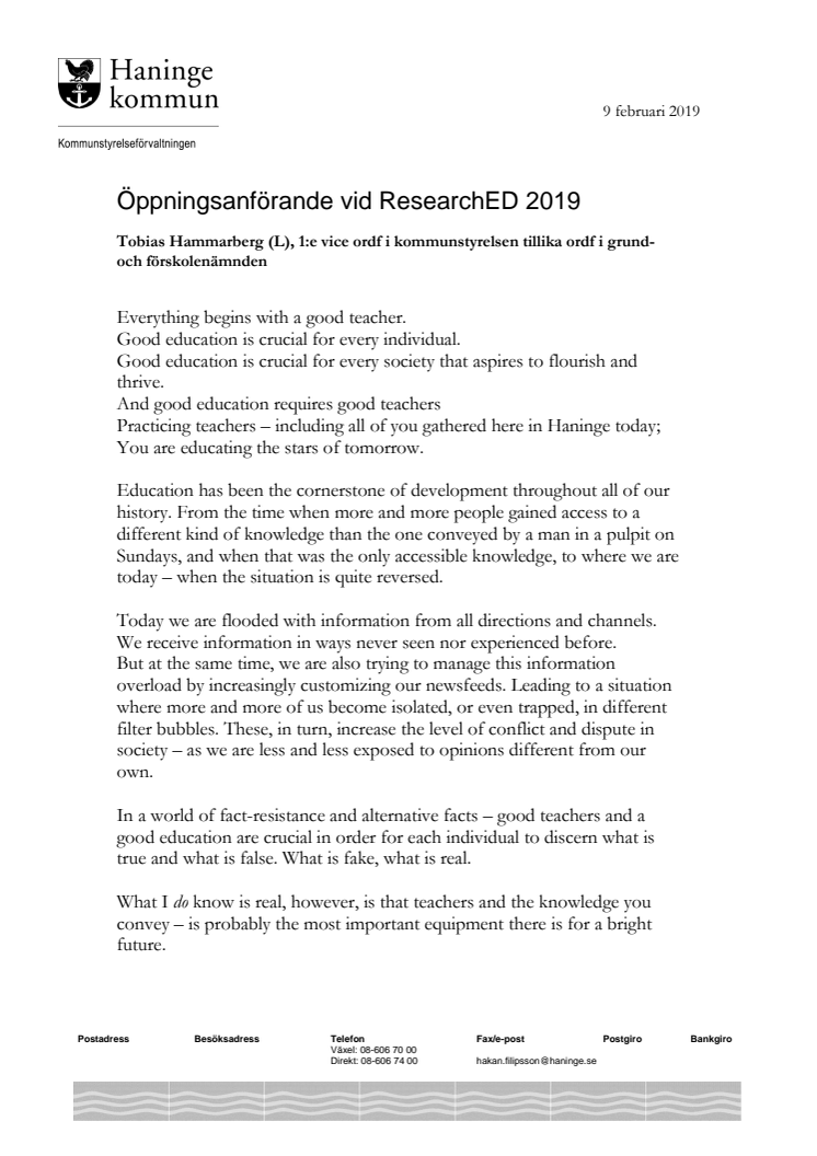 Öppningsanförande av Tobias Hammarberg (L) vid ResearchEd 2019