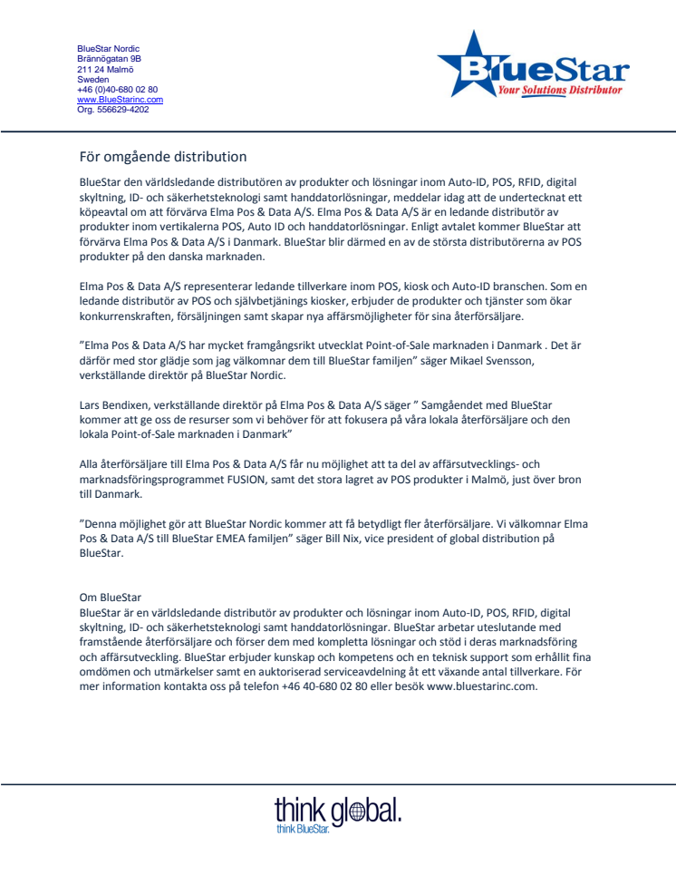 BlueStar Nordic förvärvar Elma Pos & Data A/S i Danmark