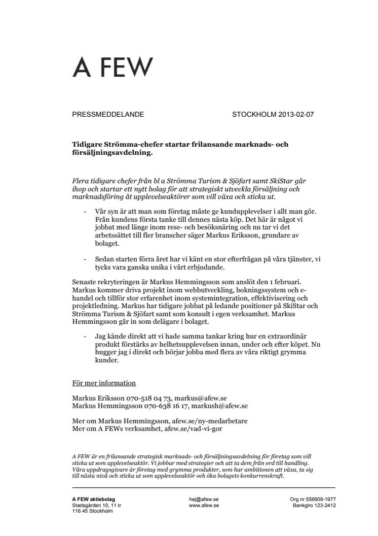 Tidigare Strömma-chefer startar frilansande marknads- och försäljningsavdelning.