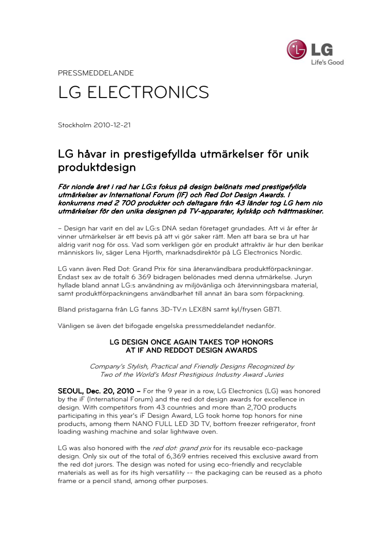 LG håvar in prestigefyllda utmärkelser för unik produktdesign