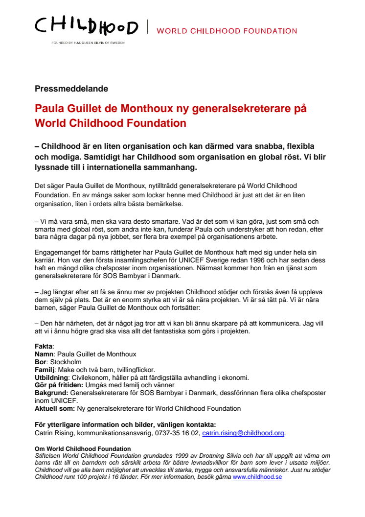 Paula Guillet de Monthoux ny generalsekreterare på World Childhood Foundation