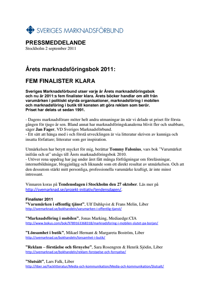 Årets marknadsföringsbok 2011: FEM FINALISTER KLARA