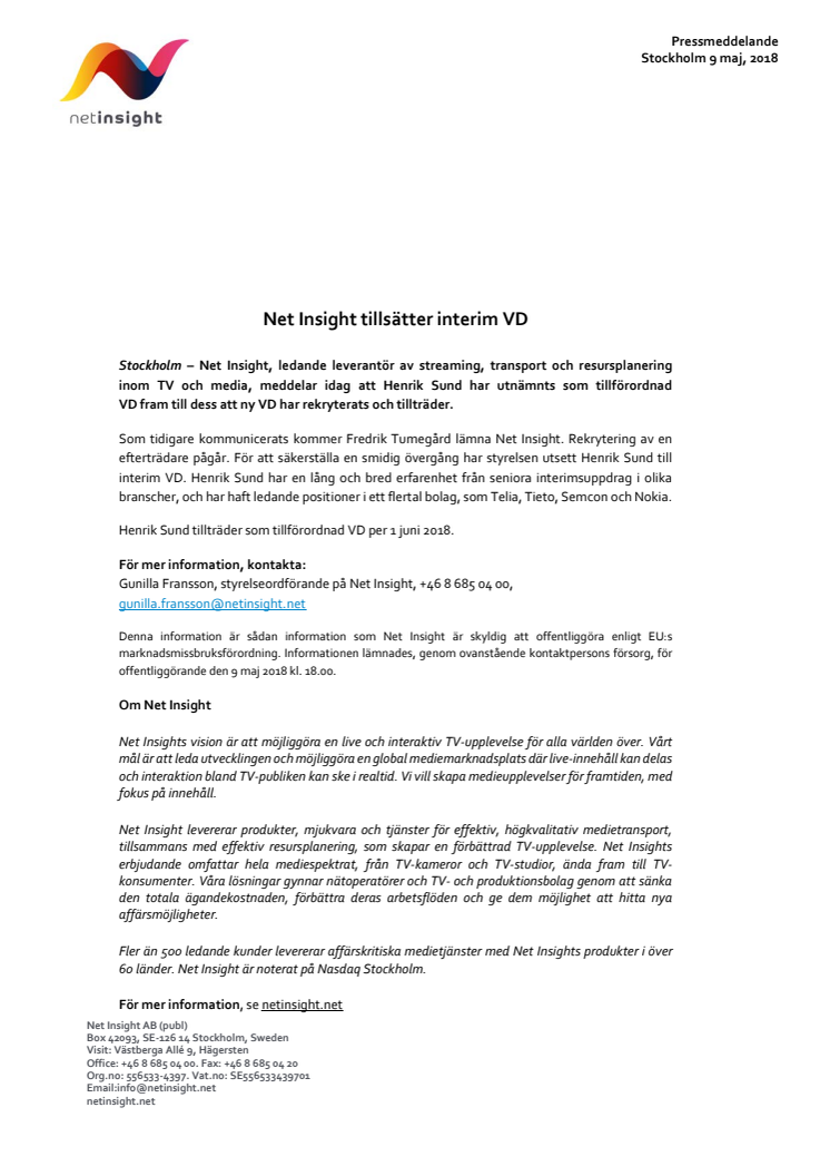 Net Insight tillsätter interim VD