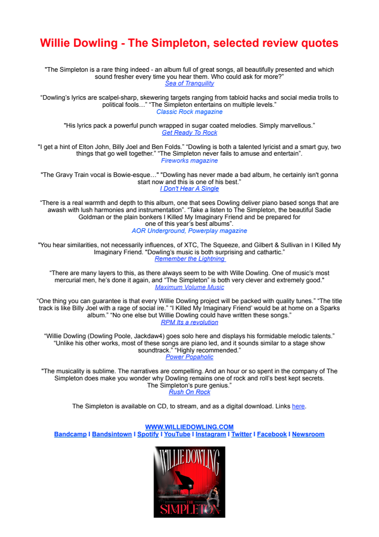 Willie Dowling - The Simpleton Selected review quotes