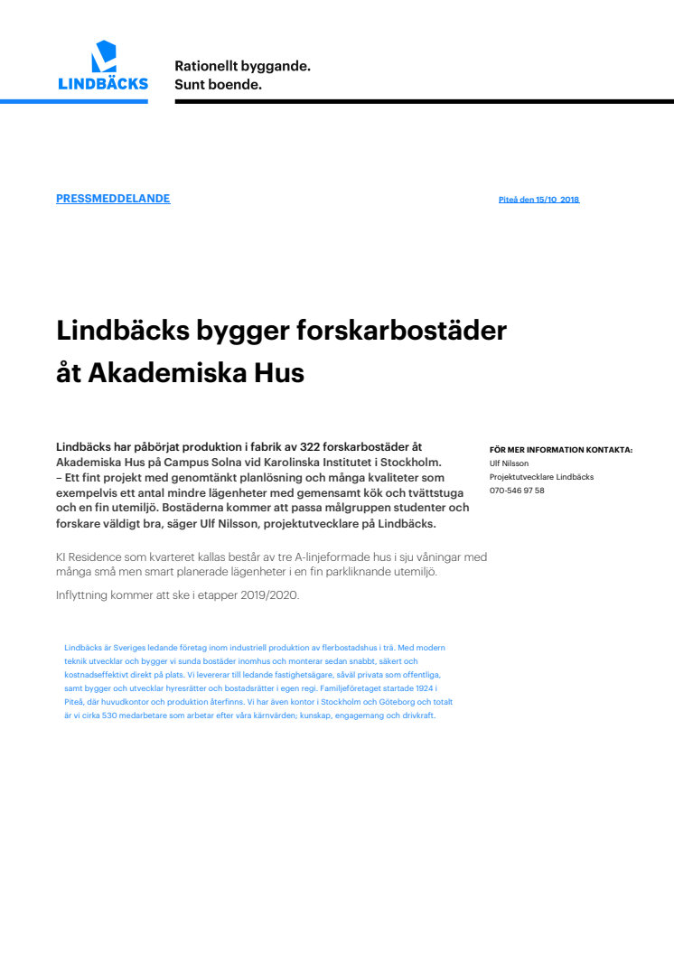 Lindbäcks bygger forskarbostäder åt Akademiska Hus i Solna