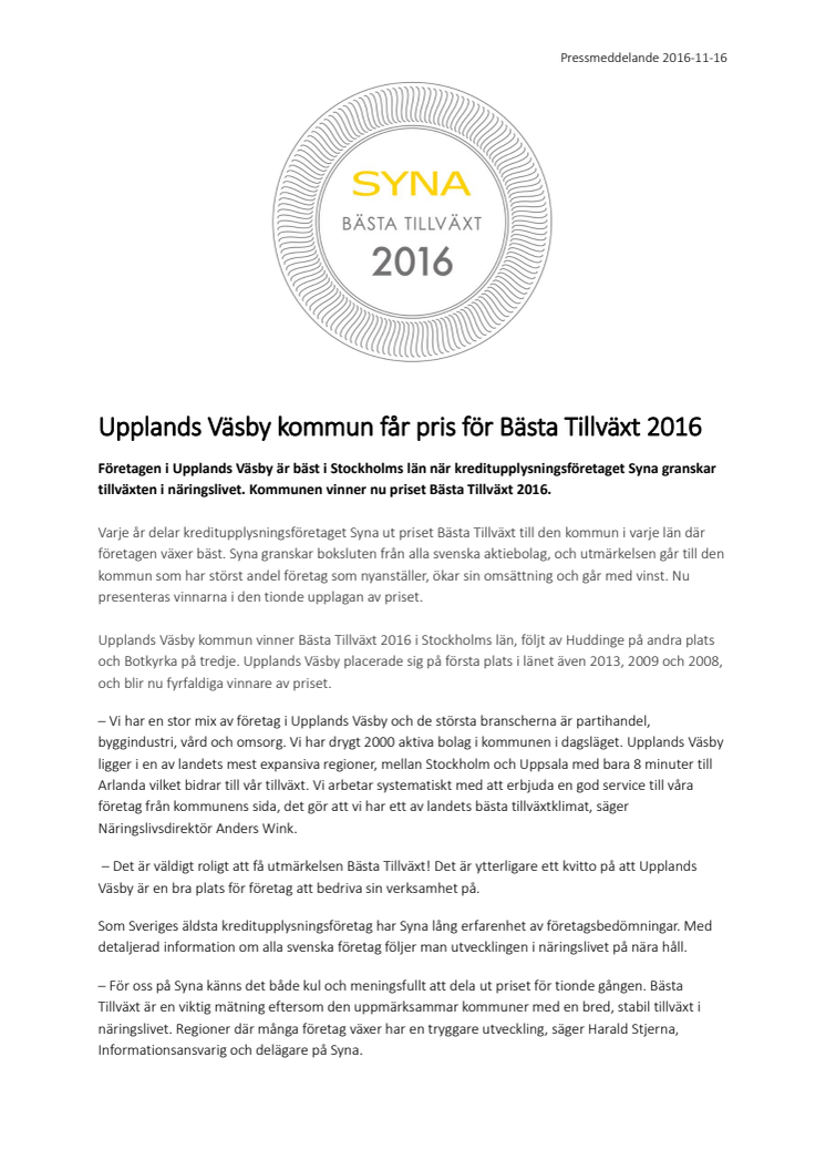 Upplands Väsby kommun får pris för Bästa Tillväxt 2016