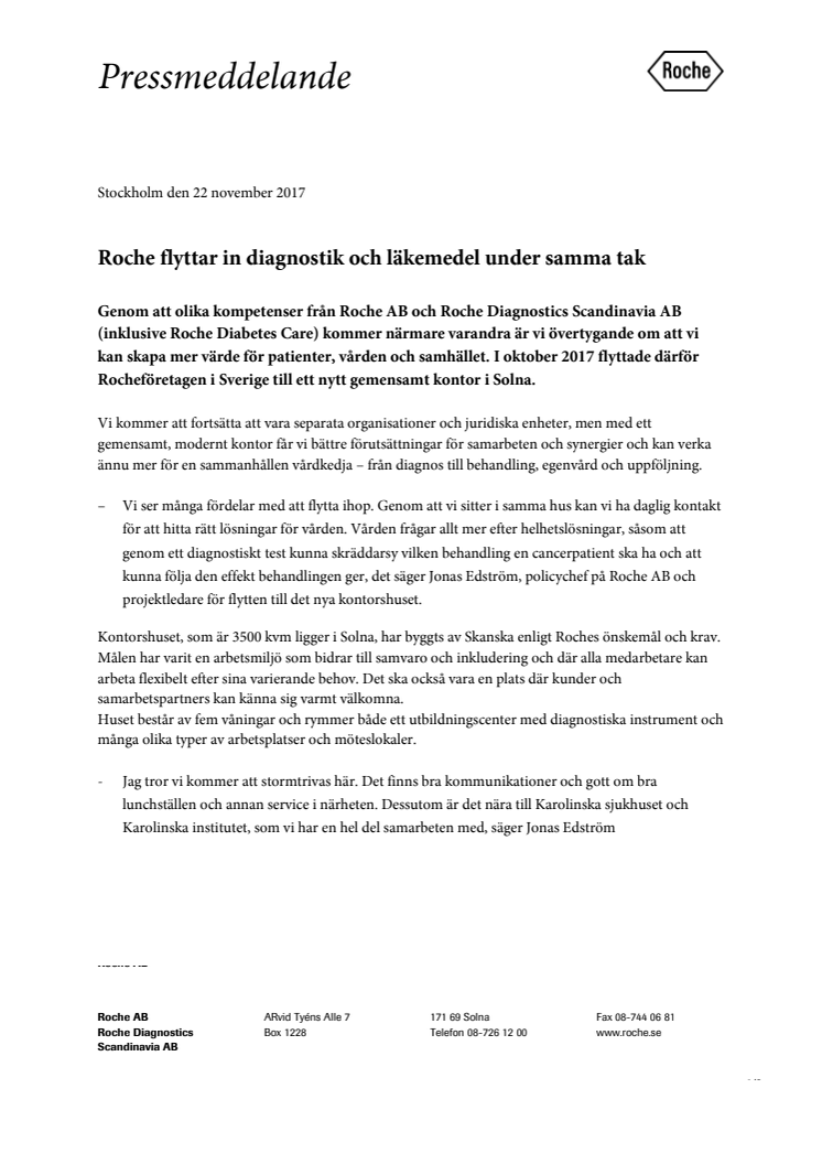 Roche flyttar in diagnostik och läkemedel under samma tak