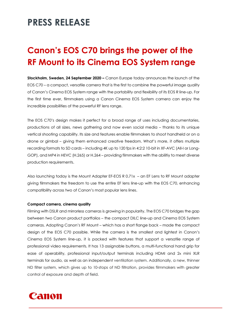 Canon’s EOS C70 brings the power of the RF Mount to its Cinema EOS System range