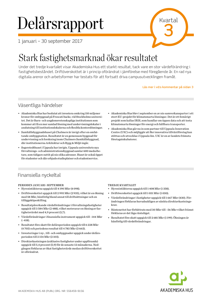 Delårsrapport 1 januari - 30 september 2017