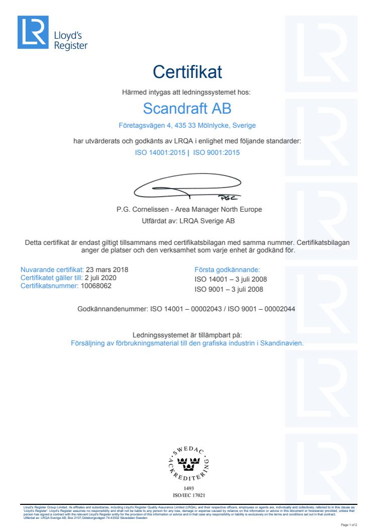 Certifikat ISO 14001:2015 & 9001:2015 SWE