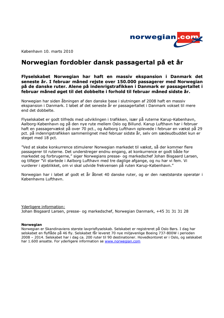 Norwegian fordobler dansk passagertal på et år 