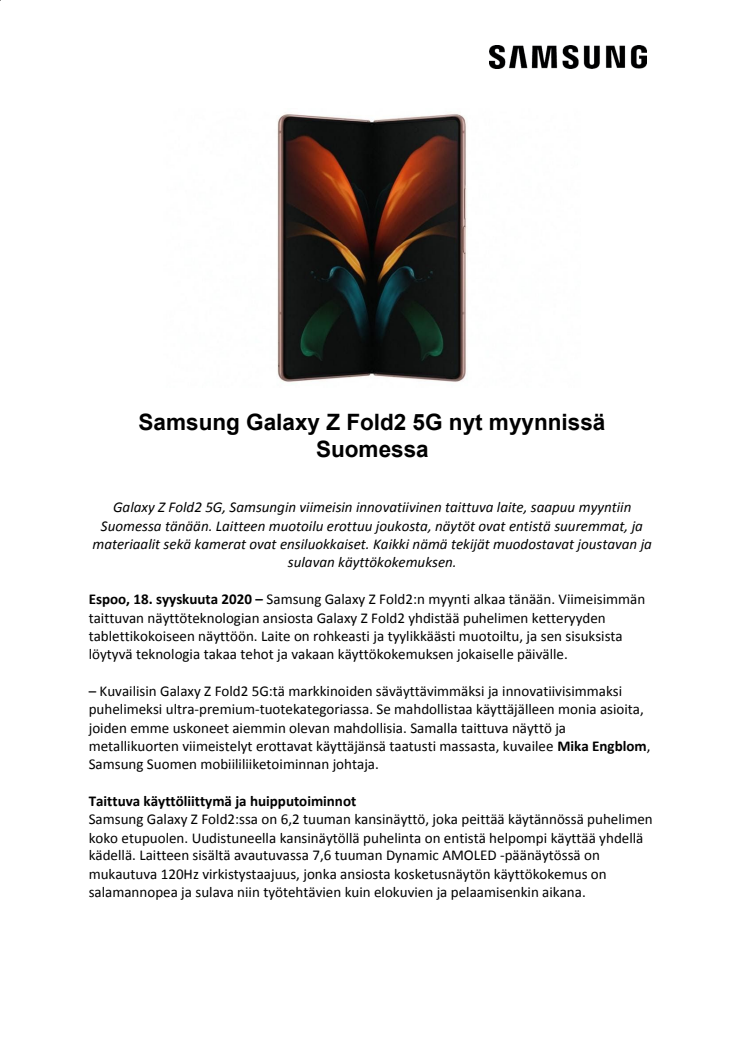 Samsung Galaxy Z Fold2 5G nyt myynnissä Suomessa