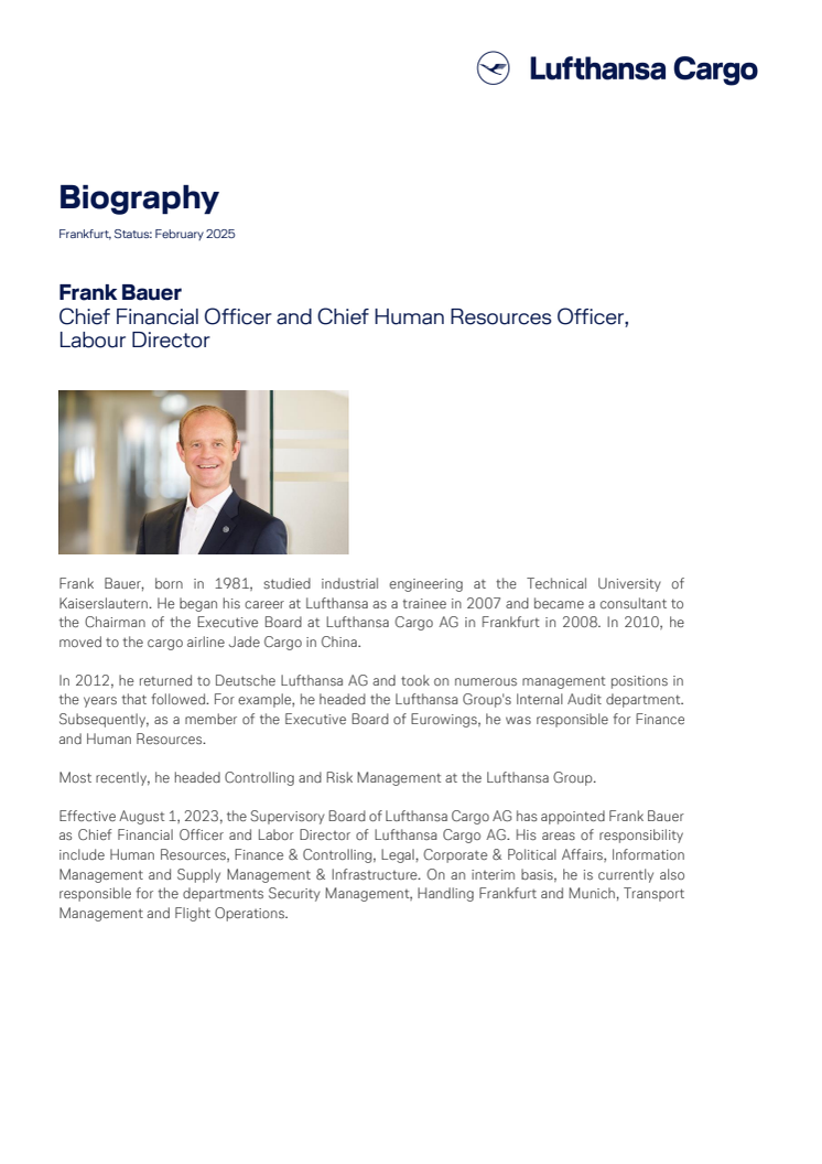 Biography Frank Bauer - CFO & CHRO Lufthansa Cargo AG