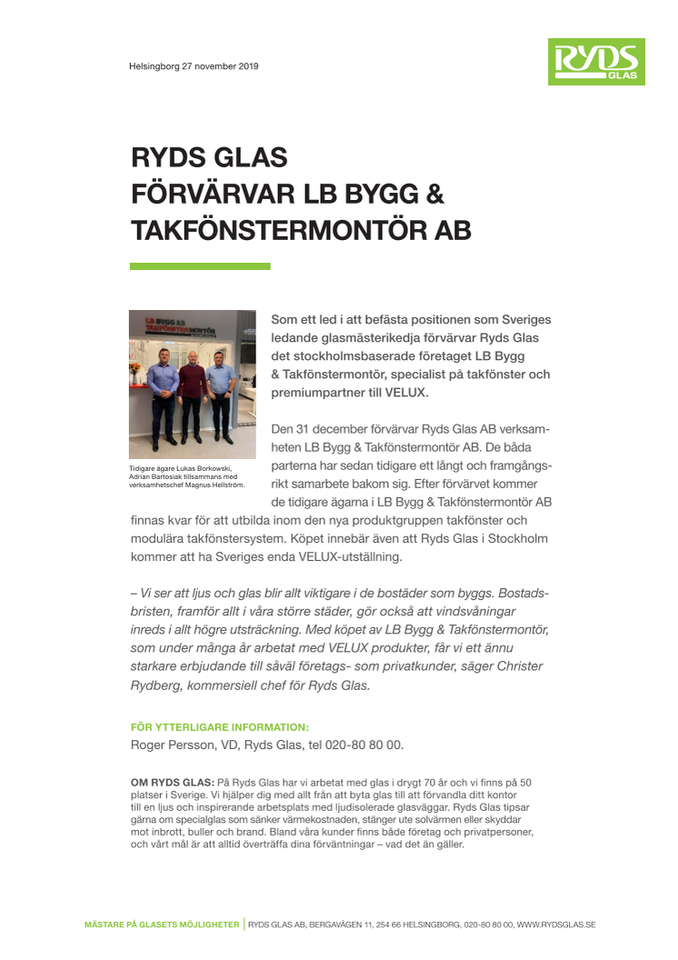 Ryds Glas förvärvar LB Bygg & Takfönstermontör AB 