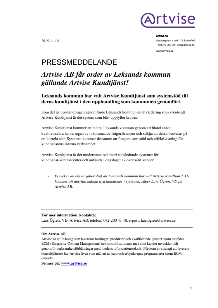 Artvise AB får order av Leksands kommun gällande Artvise Kundtjänst! 