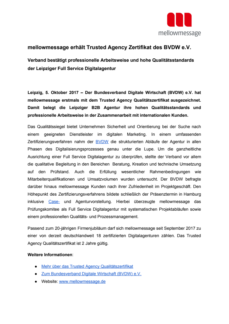 mellowmessage erhält Trusted Agency Zertifikat des BVDW e.V.