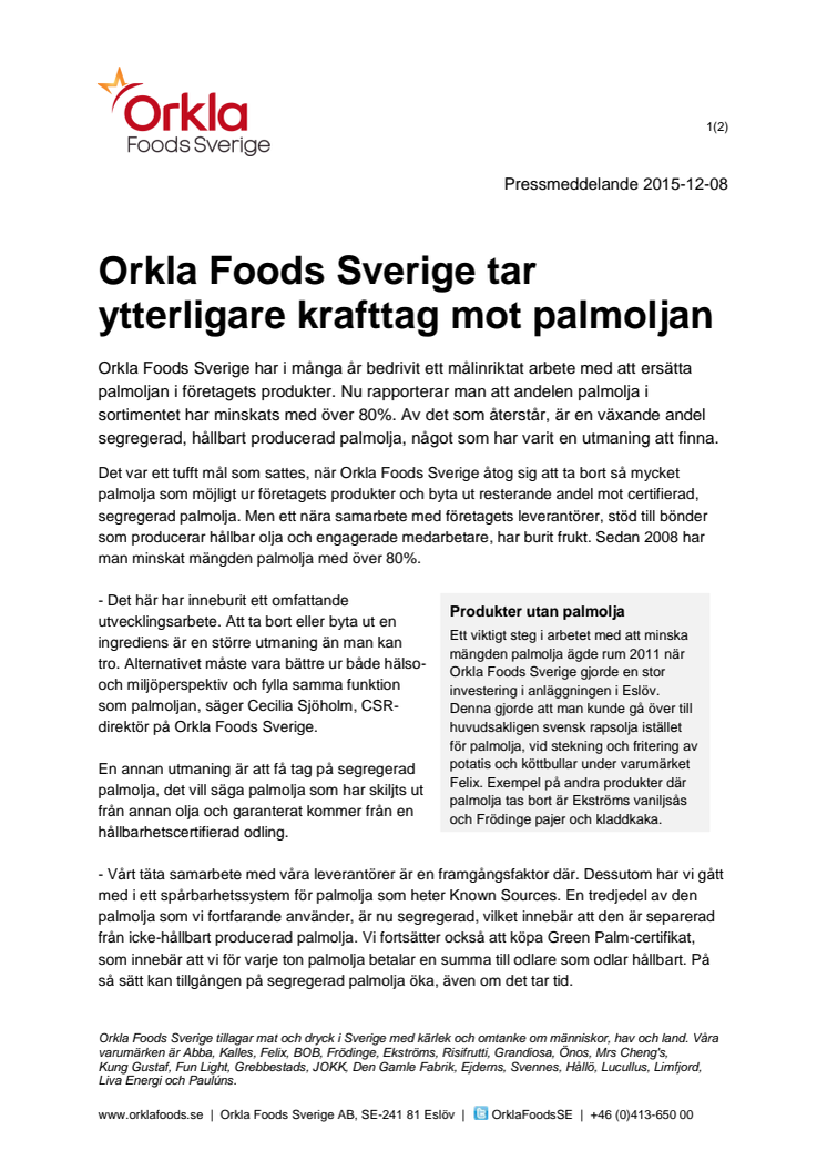 ​​Orkla Foods Sverige tar ytterligare krafttag mot palmoljan