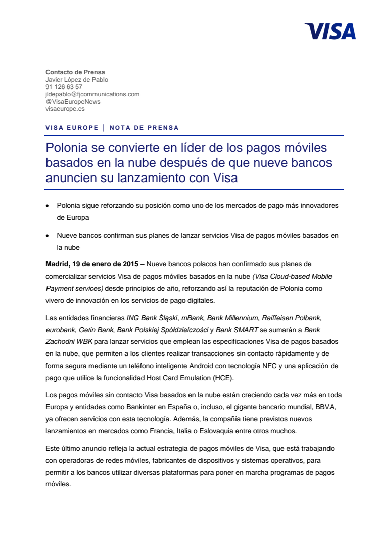 Polonia se convierte en líder de los pagos móviles basados en la nube después de que nueve bancos anuncien su lanzamiento con Visa