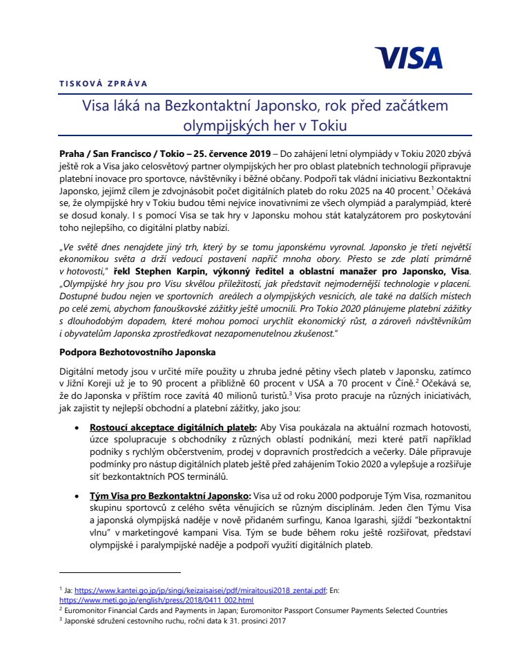 Visa láká na Bezkontaktní Japonsko, rok před začátkem olympijských her v Tokiu
