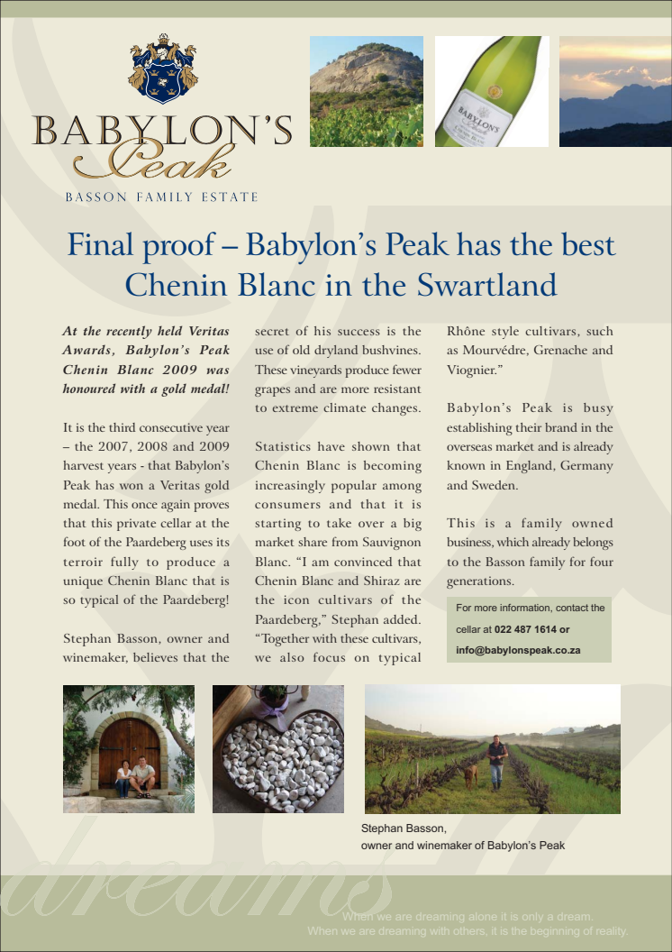 Babylon´s Peak fått pris för bästa Chenin Blanc!