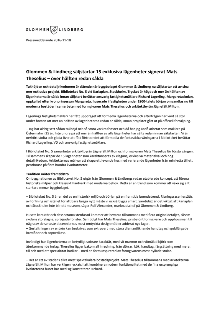 Glommen & Lindberg säljstartar 15 exklusiva lägenheter signerat Mats Theselius – över hälften redan sålda