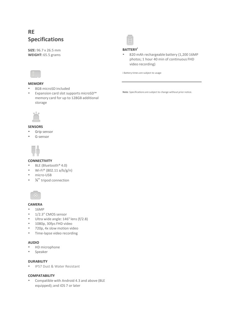 HTC RE Specifications