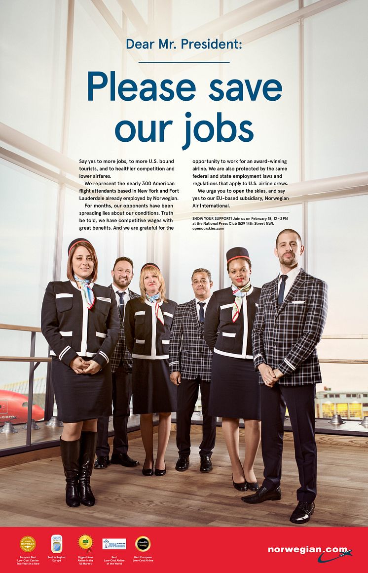 Norwegian's US-based cabin crew urges President Obama to "Save Our Jobs"