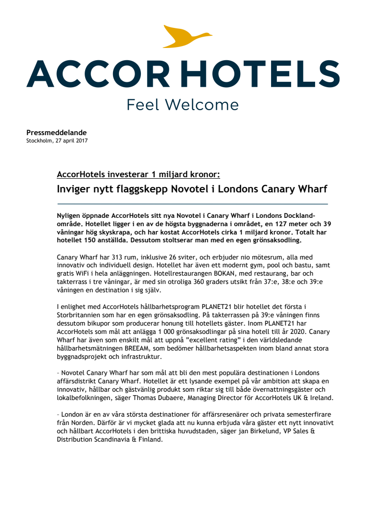 AccorHotels investerar 1 miljard kronor: Inviger nytt flaggskepp Novotel i Londons Canary Wharf