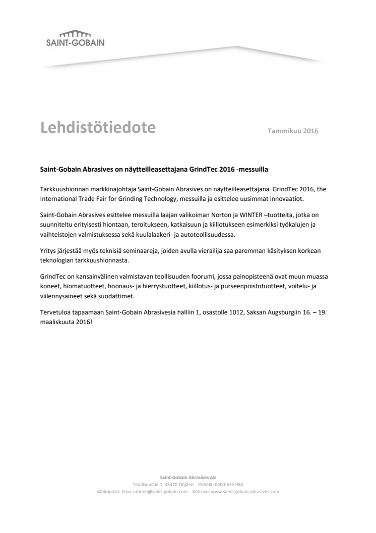 Saint-Gobain Abrasives on näytteilleasettajana GrindTec 2016 -messuilla