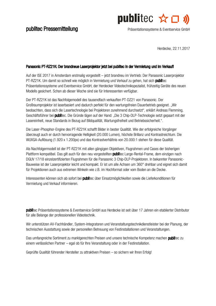 Panasonic PT-RZ21K: Der brandneue Laserprojektor jetzt bei publitec in der Vermietung und im Verkauf
