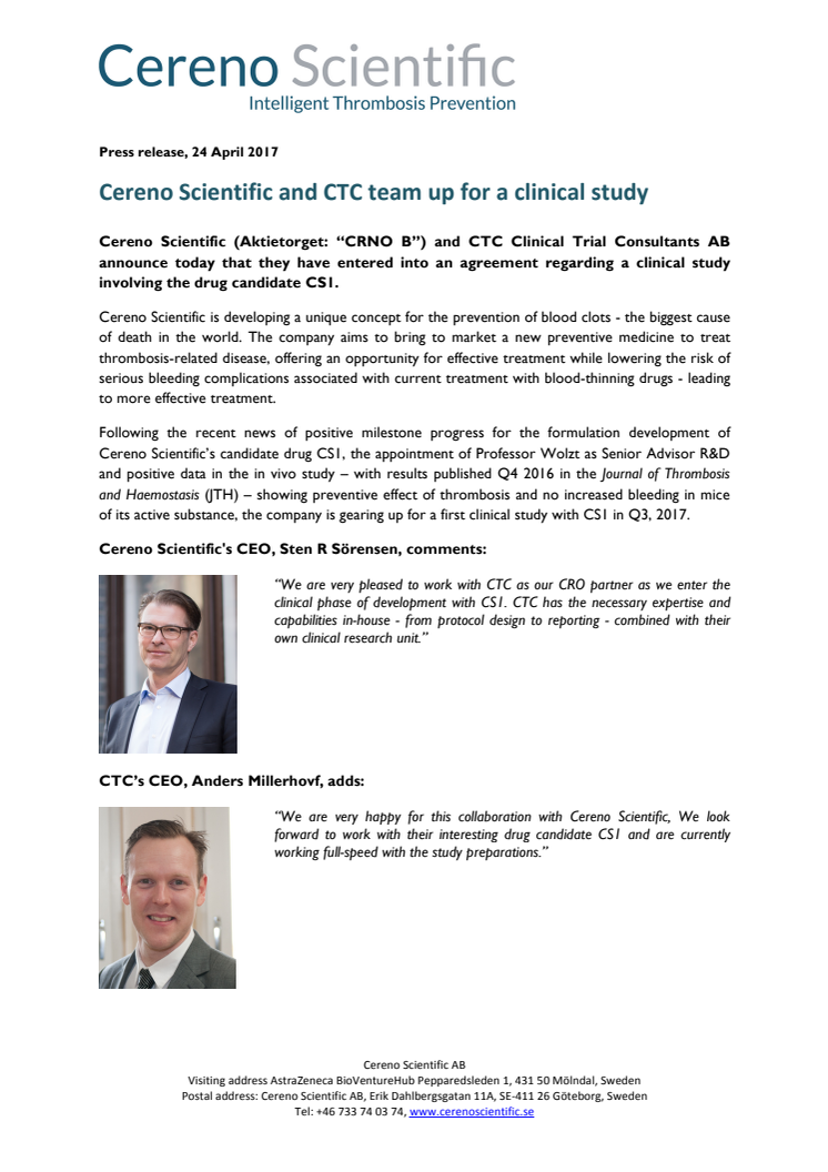 Cereno Scientific och CTC tecknar avtal för klinisk studie