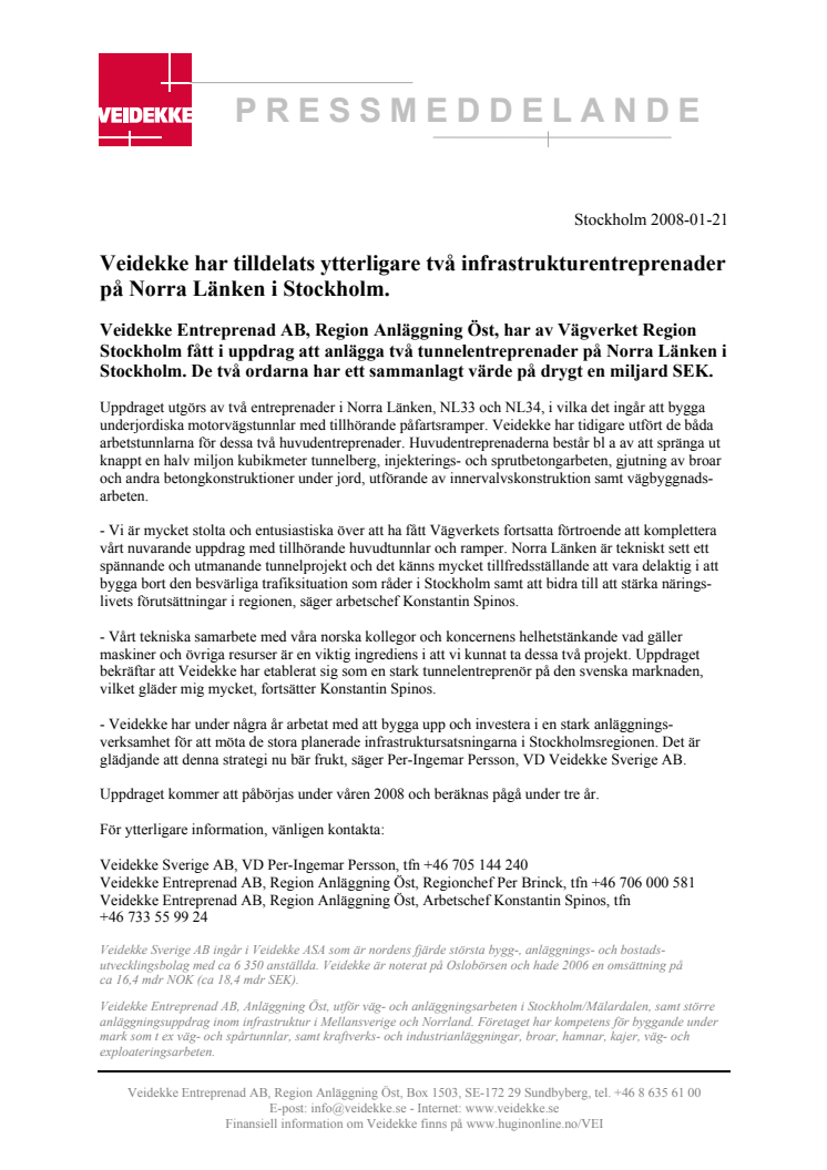 Veidekke har tilldelats ytterligare två infrastrukturentreprenader på Norra Länken i Stockholm