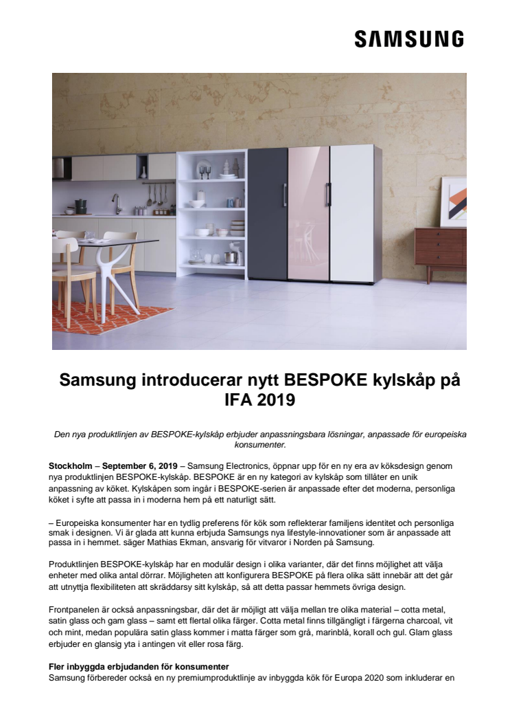 Samsung introducerar nytt BESPOKE kylskåp på IFA 2019