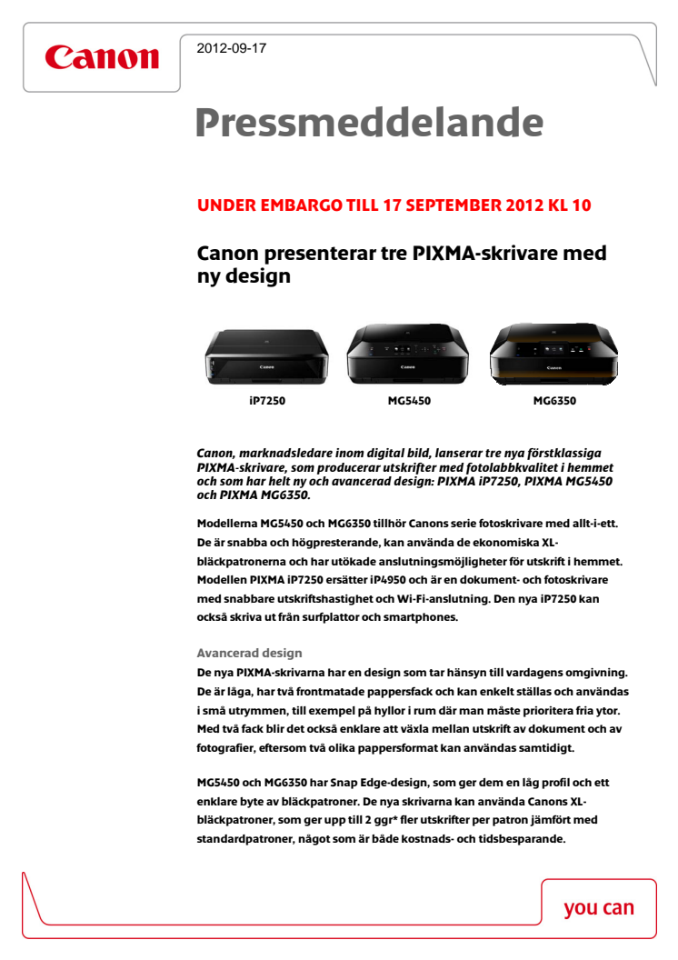 Canon presenterar tre PIXMA-skrivare med ny design 