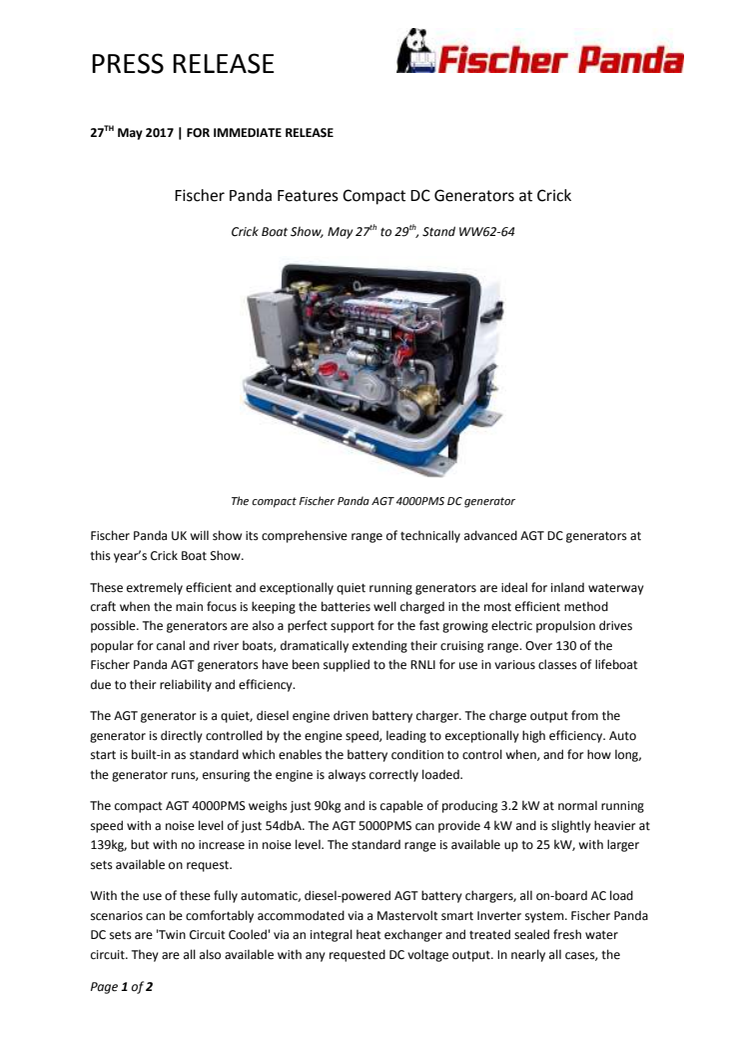 Fischer Panda: Fischer Panda Features Compact DC Generators at Crick